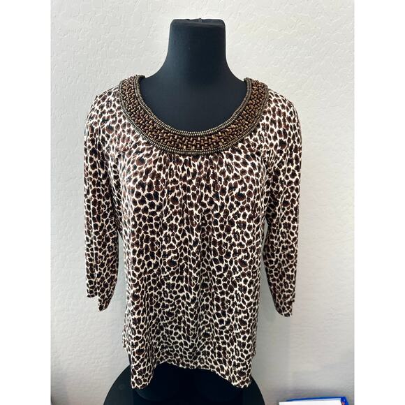 CHICO’S | Leopard Print Knit Beaded Scoop Neck  3/4 Sleeve Top | Size 2 Large - Picture 2 of 7